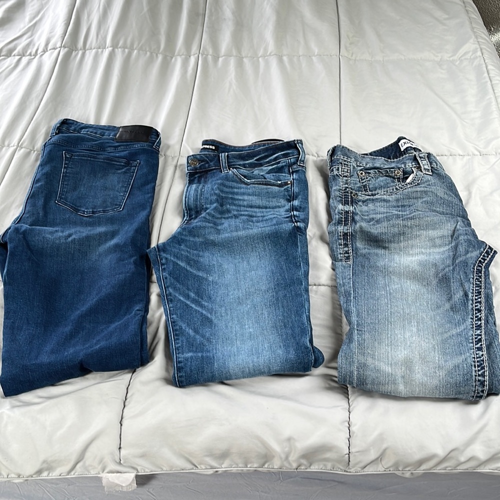 Three Pairs of Slim Straight Jeans. Far right is 33/32. Middle/left are 34/32.